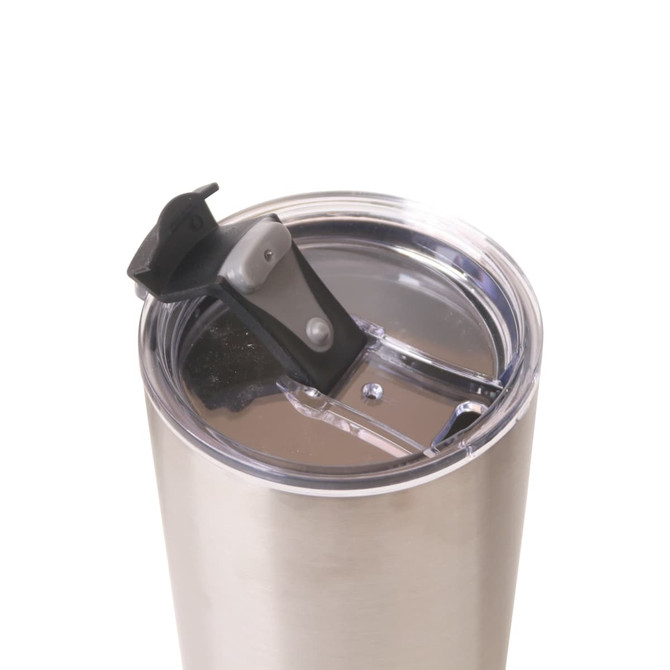 A drink bottle with a stainless steel body and a clear lid featuring a black opening mechanism.