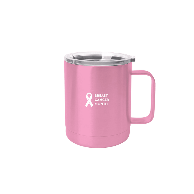 A drink mug in pink stainless steel with a clear lid, featuring a logo. Suitable for coffee or hot beverages.