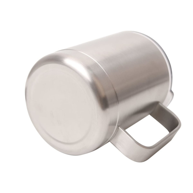 A stainless steel 10oz mug featuring a handle and a smooth, reflective surface. It has a minimalist design.