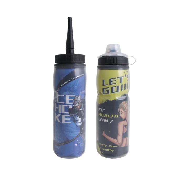 A drink bottle duo featuring a blue and black design with a nozzle, and a green and yellow design, both with logos.
