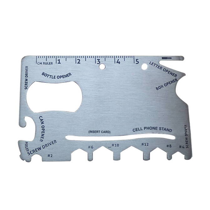 A stainless steel card-sized multi-tool featuring various functions, including a bottle opener and can opener.