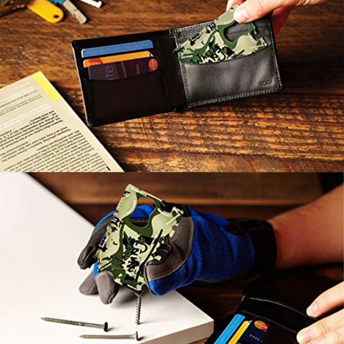 A card-sized multi-tool in camouflage design, displayed in a wallet alongside cards and tools. Includes a logo.