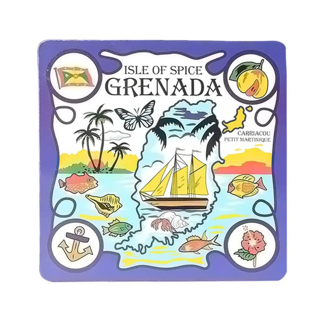 A colourful decorative coaster featuring a map of Grenada with marine life and tropical motifs. It has a logo on the design.