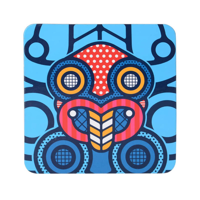 A square cork coaster featuring vibrant blue, red, and black patterns with a stylised design and a logo.