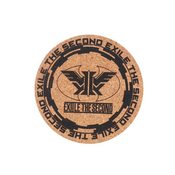 A round cork coaster in natural brown, featuring a black emblem and text design in the centre.