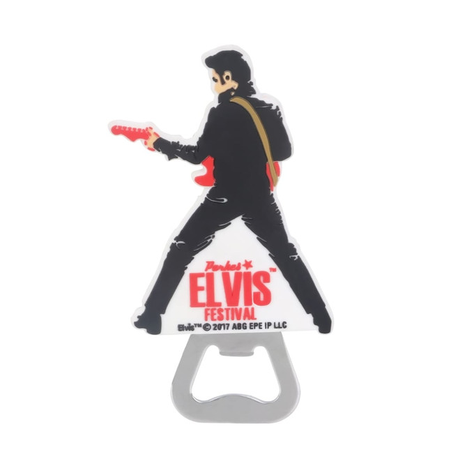 A drink bottle opener shaped like a musician with a guitar, featuring black, white, and red colours, and a logo.