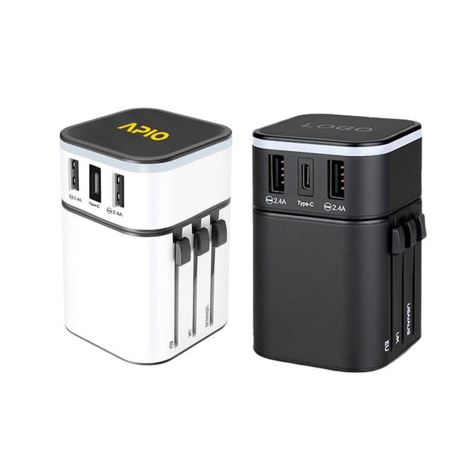 A travel adapter in white and black, featuring multiple USB ports and a compact design, with logos on both units.