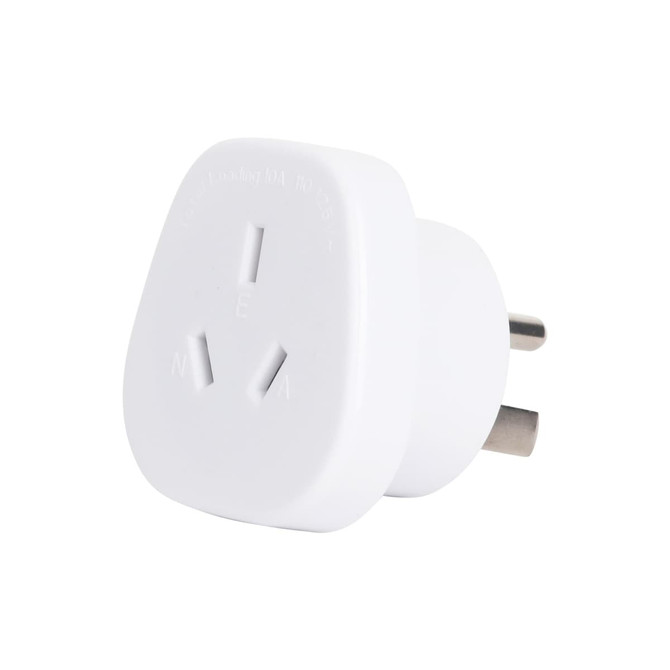 A white universal travel adapter featuring Australian and US plug configurations. It has a compact design and a branding logo.