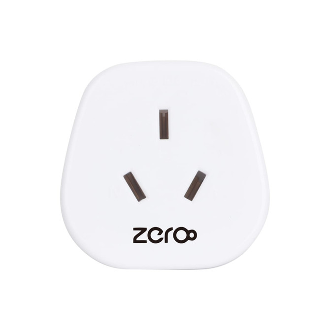 A white universal travel adapter with three prongs and a logo at the bottom.