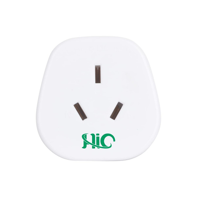 A white universal travel adaptor designed for AU to US compatibility, featuring three rectangular prongs and a logo.