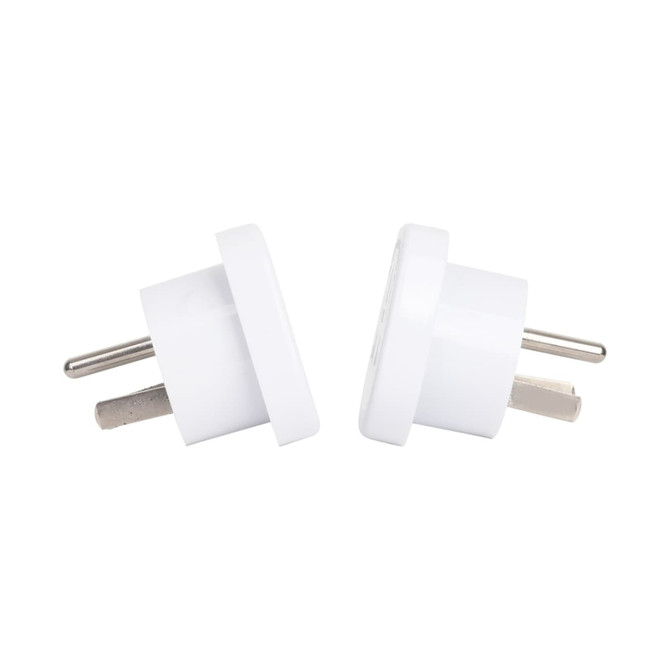 A white universal travel adapter designed for use from AU to US, featuring two pins for connectivity.