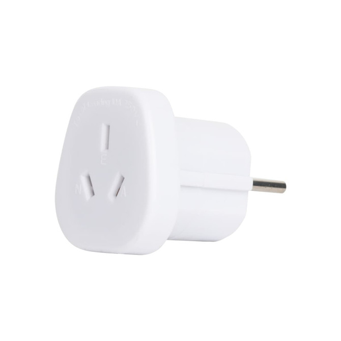 A white travel adapter designed for converting AU to EU plugs, featuring a single prong for connection.