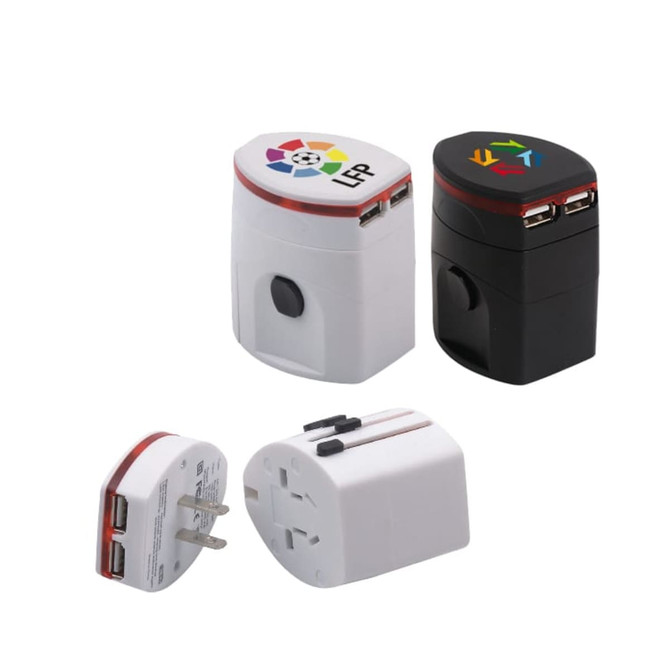 A collection of light-up universal plug travel adapters in black and white, featuring USB ports and branding.