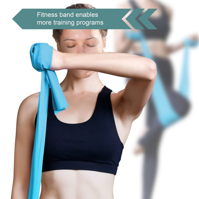 A blue latex-free TPE fitness resistance band being used by a person in a black sports top.