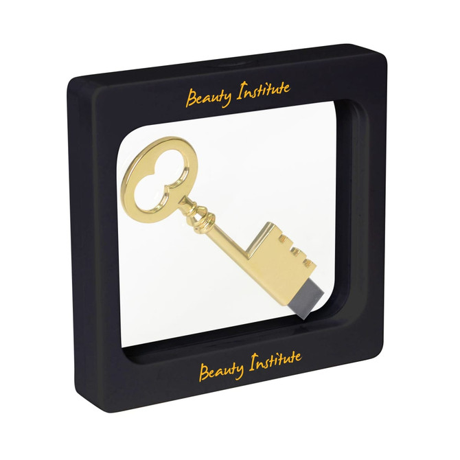 A square floating box displaying a gold key inside, framed in a black casing with a logo.