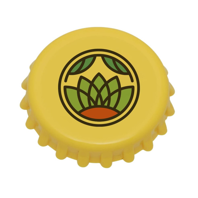 A drink bottle cap featuring a vibrant yellow design with a green logo and textured edges.