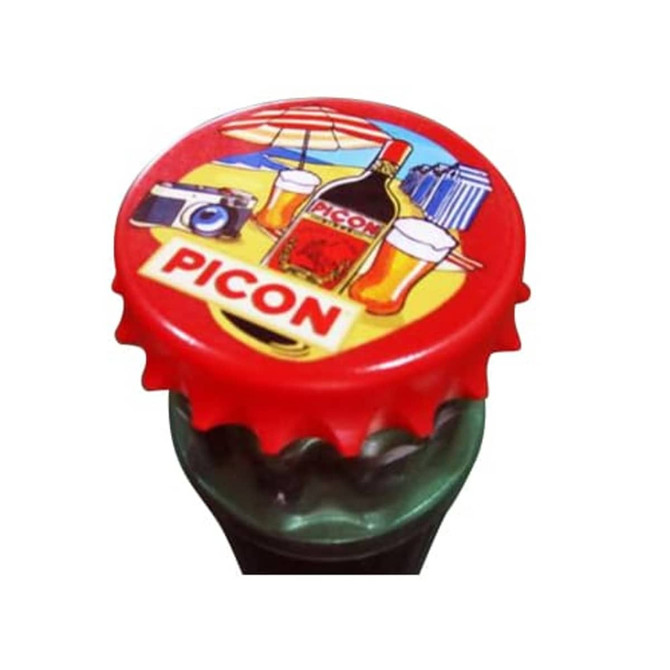 A drink bottle with a decorative red bottle cap featuring a retro design and branding, showcasing beverages and a camera.