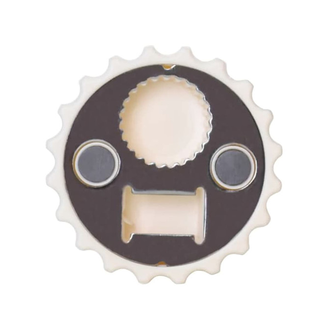 A drink bottle opener with a circular design, featuring a grey and cream colour scheme and a logo.