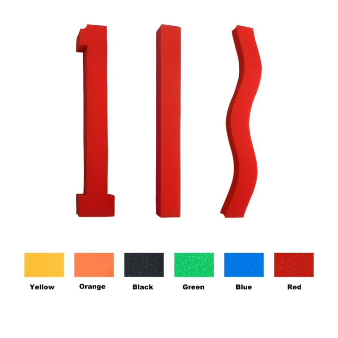 Three red sponge shapes, including a straight line, a stroke, and a wavy piece, with colour swatches below.