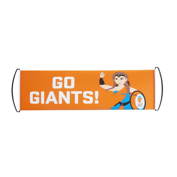 An orange hand-held fan flag features a cartoon character with braided hair and a logo.