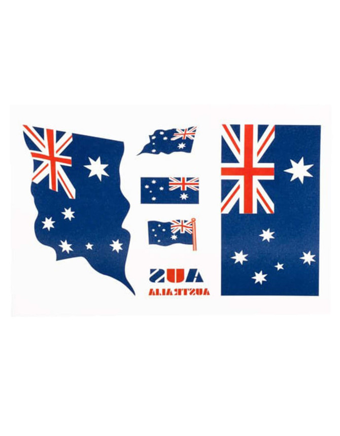 A sheet of waterproof temporary tattoos featuring various Australian flags in blue, red, and white.