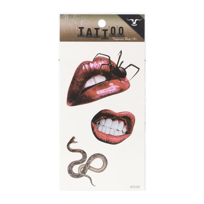 A pack of waterproof temporary tattoos featuring bold lips, a spider, and a snake design on a light background.