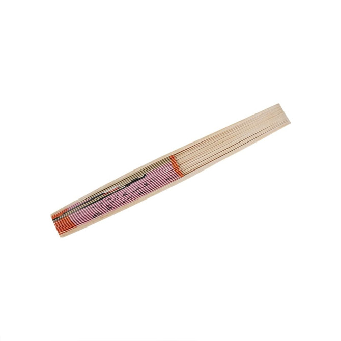 A foldable fan featuring a wooden frame with a gradient of pink to orange colours. It has a simple design and branding.