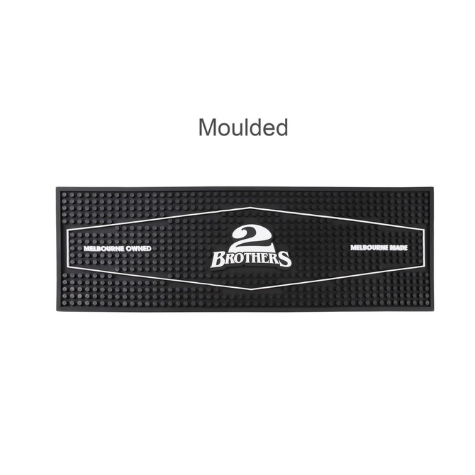 A moulded PVC bar runner in black, featuring a prominent logo and a textured surface.