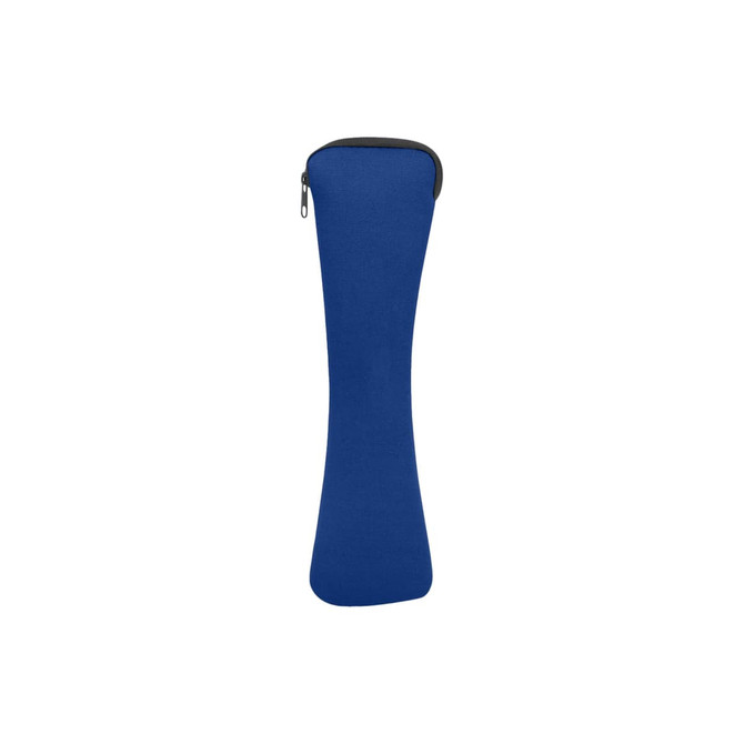 A blue travel utensil pouch with a zip closure, designed to hold travel utensils securely.
