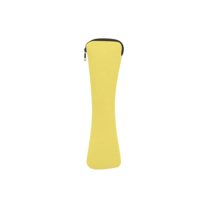 A yellow zippered pouch for storing utensils, featuring a sleek, curved design. It includes a logo.
