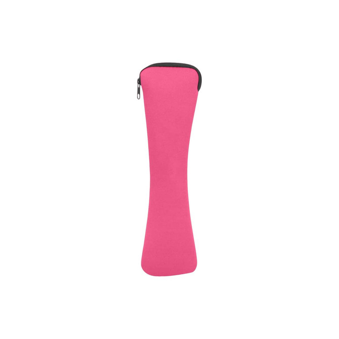 A pink zippered case designed to hold utensils, featuring a sleek and streamlined shape.