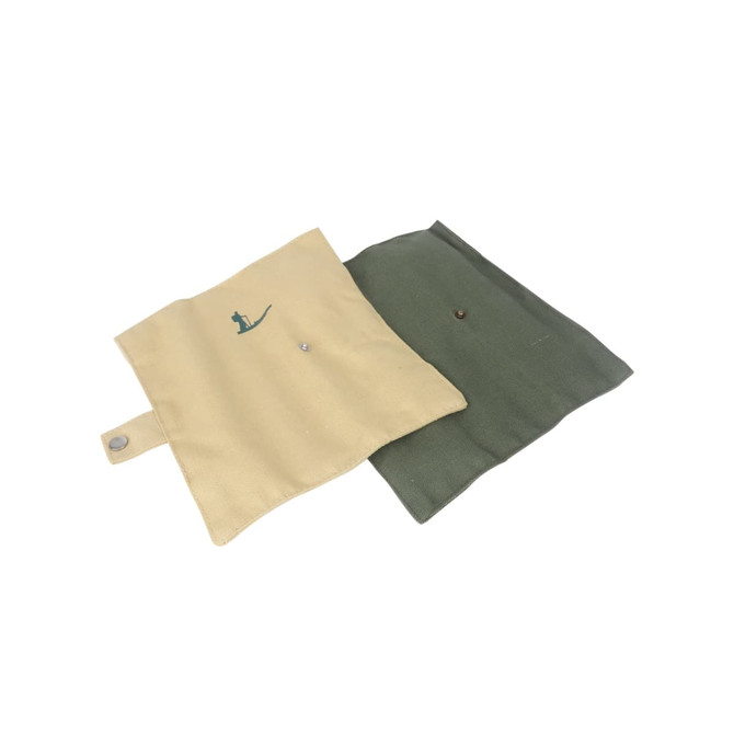 A set of two canvas pouches in beige and green, featuring a logo on the beige pouch.