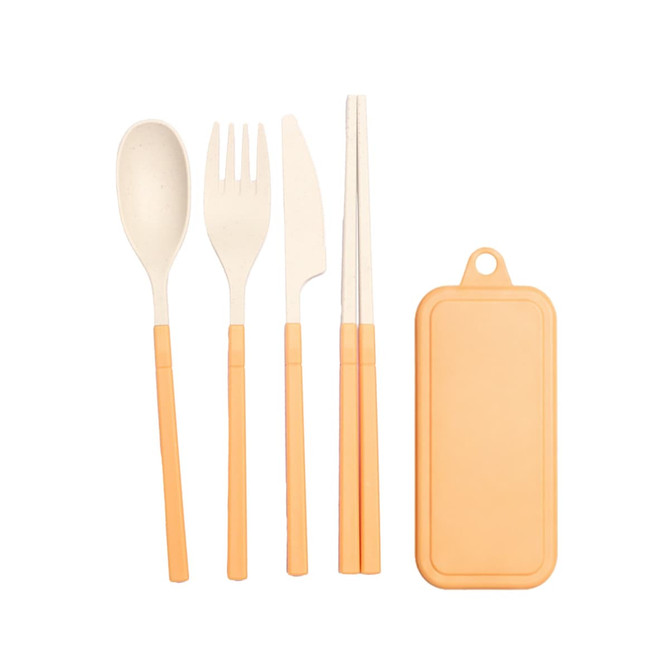 A travel utensils set featuring an orange spoon, fork, knife, chopsticks, and a matching case.