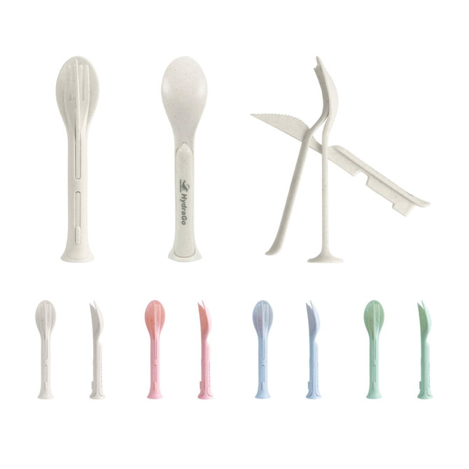 A set of portable utensils including spoons, forks, and knives in various pastel colours. The set is compact and features a logo.