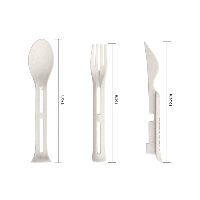 A portable utensils set featuring a spoon, fork, and knife in natural colour, measuring 17cm, 16cm, and 16.5cm respectively.
