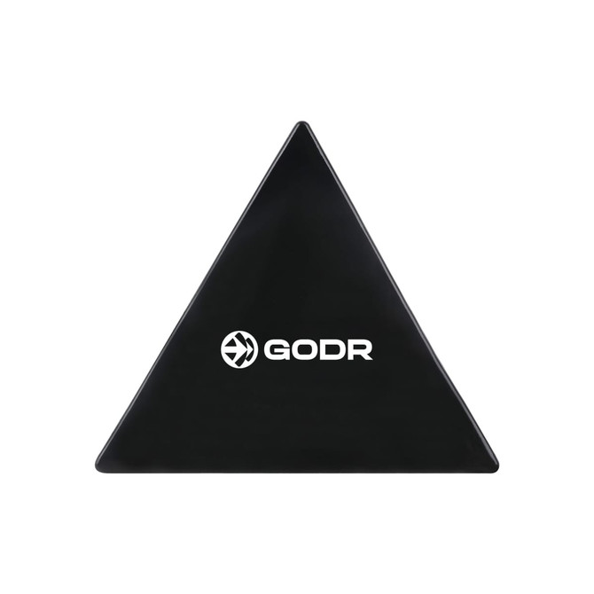 A black triangular sticky nano rubber pad with a logo on one side.
