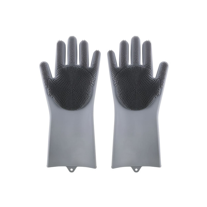 A pair of grey silicone cleaning gloves featuring textured palms for scrubbing. The gloves have an embedded logo.