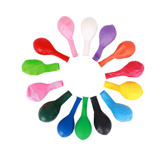 A selection of 30cm balloons in various colours, arranged in a circle. Some balloons are plain, while others are twisted.