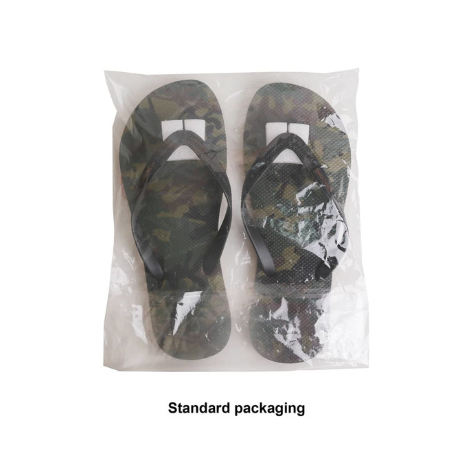 A pair of camouflage rubber thongs in standard packaging, featuring black straps and a textured sole.