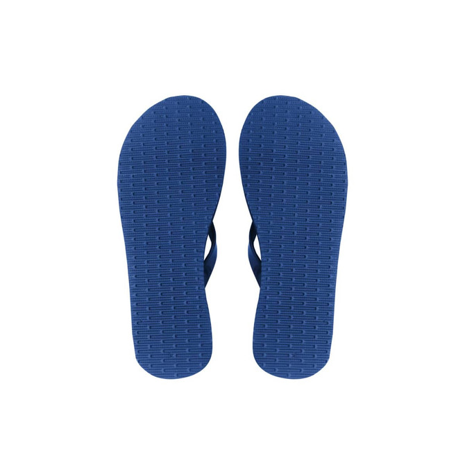 A pair of navy blue rubber flip-flops featuring a textured sole and a simple strap design, with a logo on the sole.