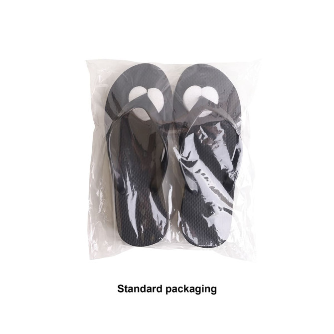 Black rubber thongs packaged in clear plastic, featuring a textured insole and a simple design.