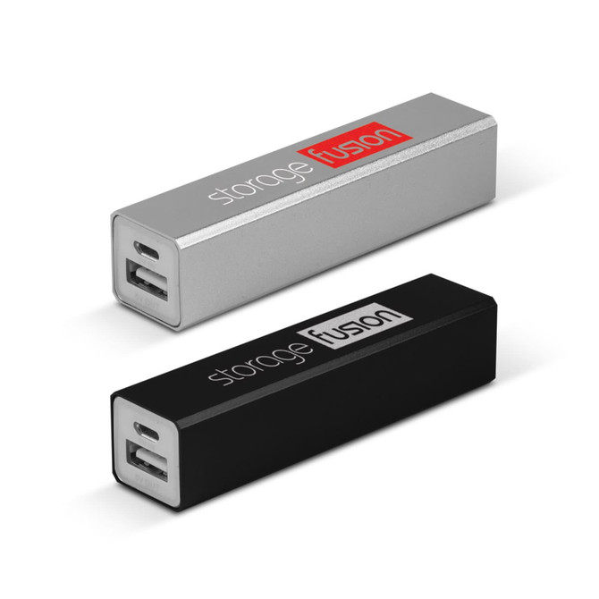 A silver and black power bank with USB ports and branding on the side.