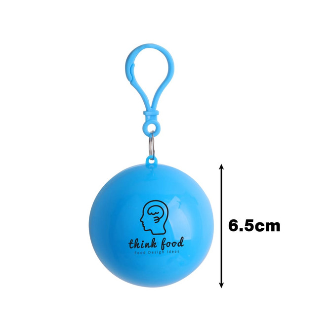 A blue, spherical rain poncho ball with a clip, featuring a logo on its surface. Measures 6.5 cm in diameter.