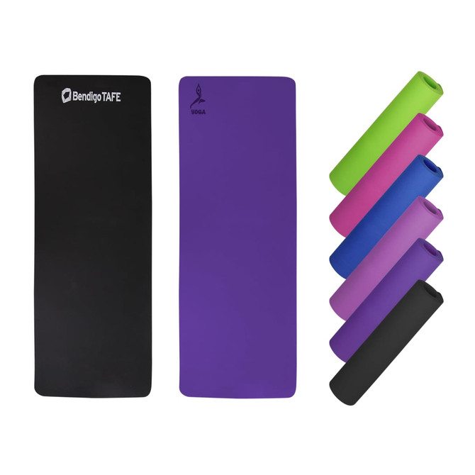 A purple yoga mat alongside black, pink, green, and other coloured mats, featuring a logo.