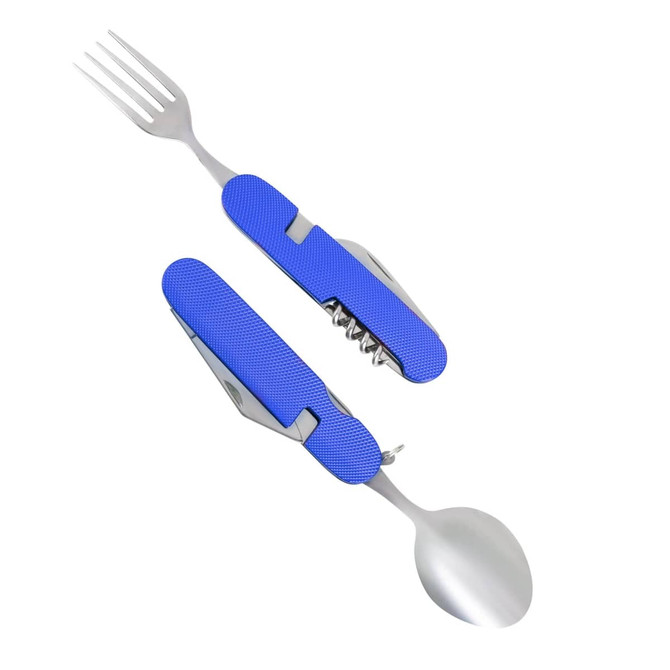 A multipurpose camping cutlery tool featuring a blue handle, including a fork, spoon, and corkscrew, with branding present.