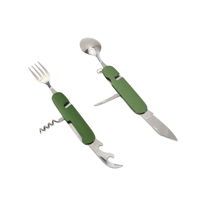 A green camping cutlery tool featuring a fork, spoon, knife, bottle opener, and corkscrew, with a textured grip.