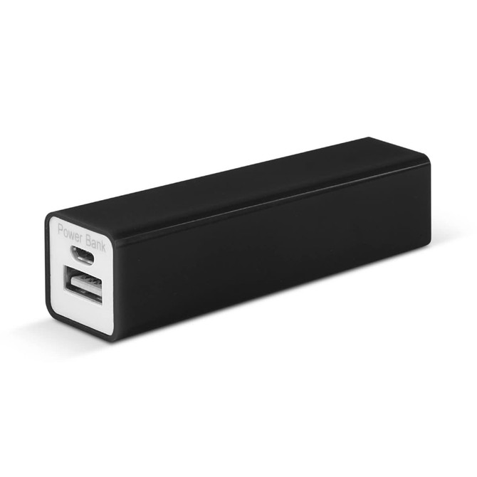 A rectangular black power bank featuring a USB port and a Type-C connector, with branding on one side.