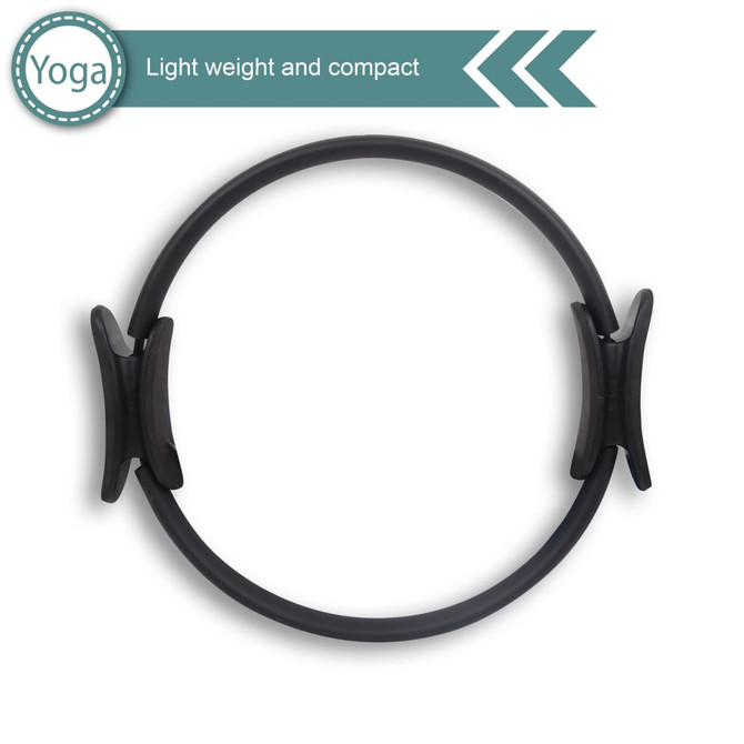 A black Pilates circle featuring two handles, lightweight and compact for fitness activities.