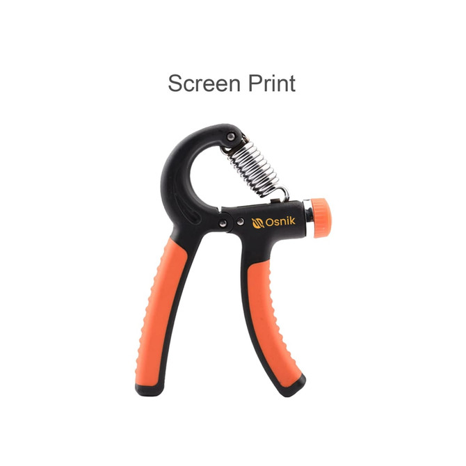 A black and orange adjustable hand grip with a textured handle and a spring mechanism. It features a logo.