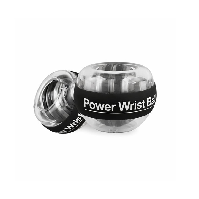A transparent wrist ball in two sizes with a black band, featuring a logo.